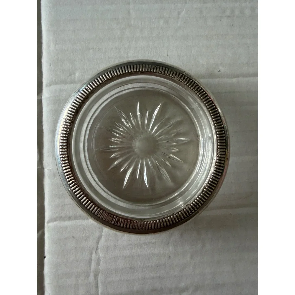 Vintage Sterling Silver Rim Glass Coasters Starburst Set of 2 Gadroon Edge
